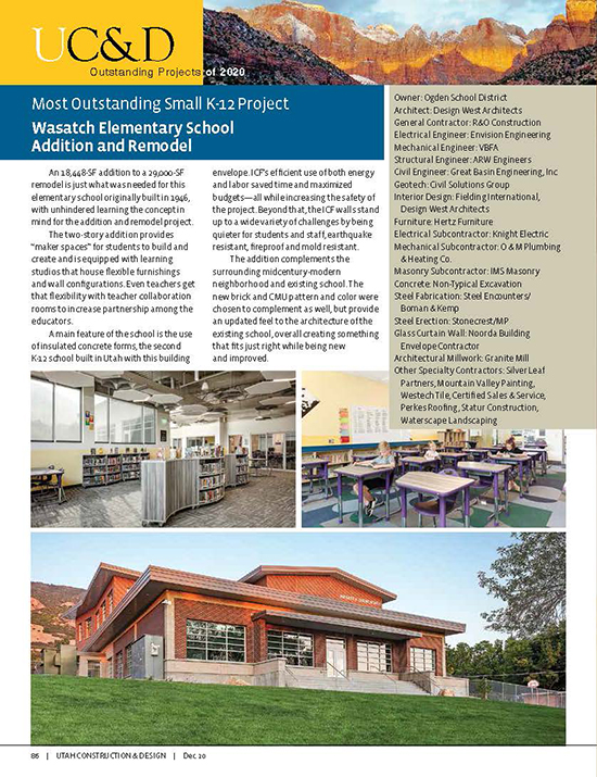 Wasatch Elementary School Remodel & Addition Wins Most Outstanding Small K-12 Project